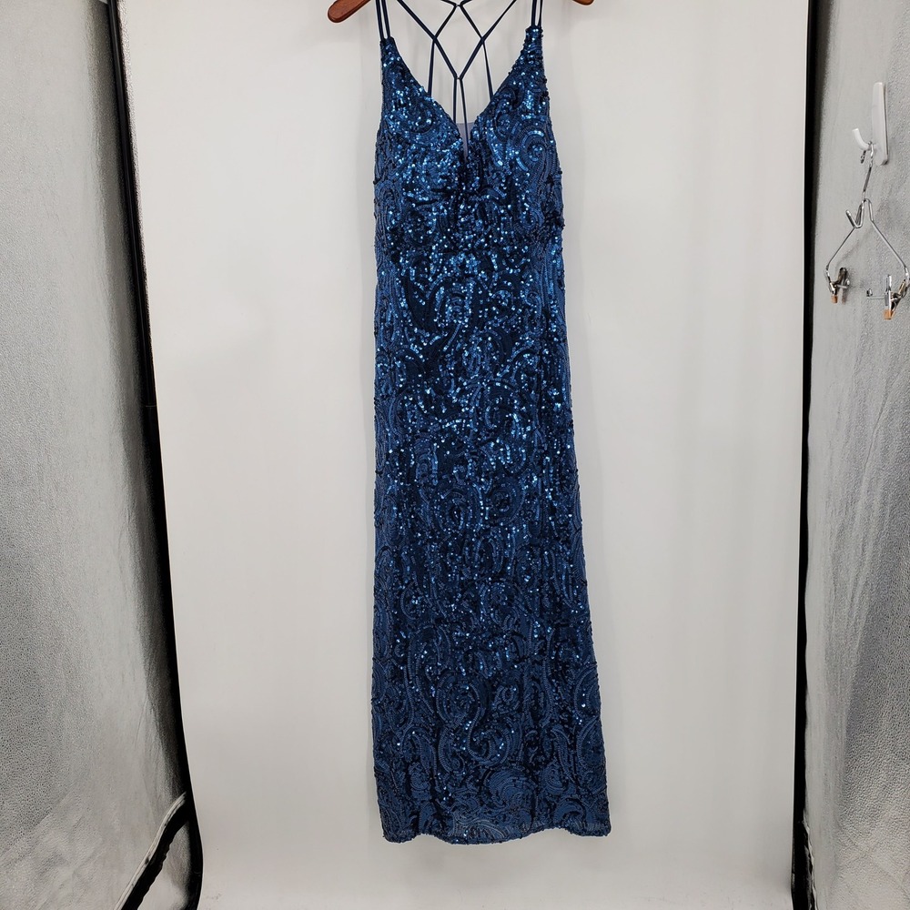 Morgan & Co Y2K Royal Blue Sequin Strappy Back Gown 14W Maxi Formal Dress Prom